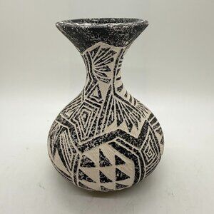 Acoma Pottery Vase 5" Black White Scraffito Signed David Routzen Pueblo Native